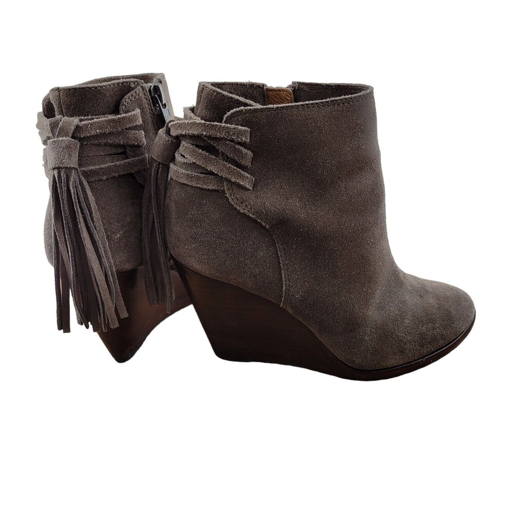 Frye Cece Tassel Lace Wedge Heel Ankle Boots Womens Size 6 Light Brown Suede